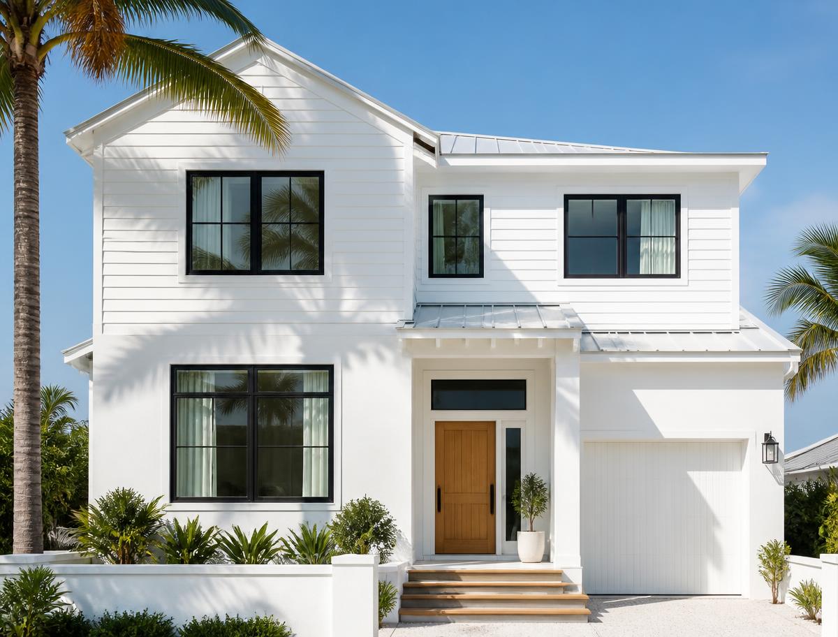 White coastal home facade after soft washing
